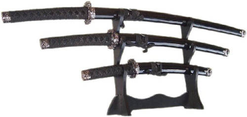 Classic Japanese Black Ninja Samurai Katana Three 3 Piece Steel Metal Sword Set and Stand - Black