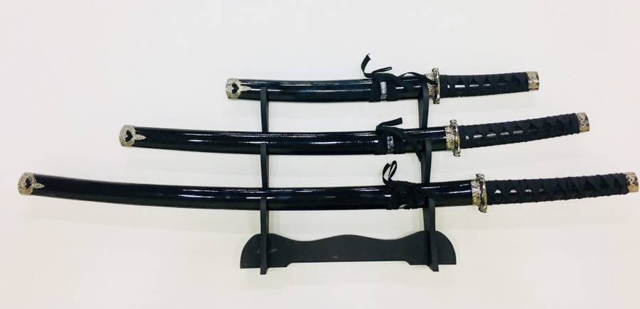 Classic Japanese Black Ninja Samurai Katana Three 3 Piece Steel Metal Sword Set and Stand - Black