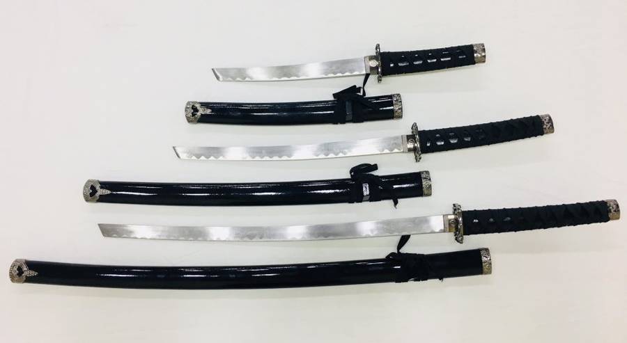Classic Japanese Black Ninja Samurai Katana Three 3 Piece Steel Metal Sword Set and Stand - Black