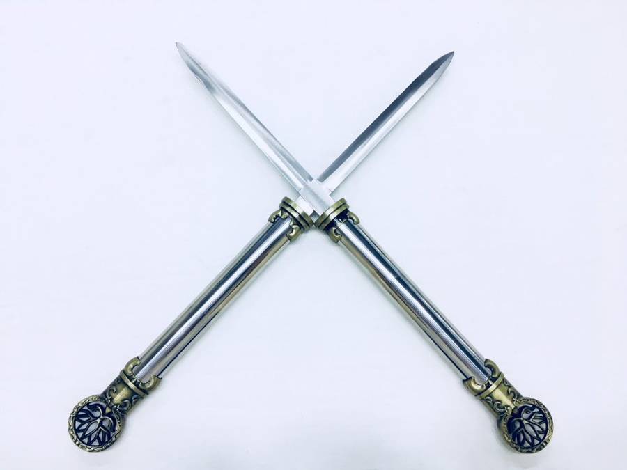 Cool Detachable Double Bladed Bo Staff Two Sword Blade Ninja Staff Sword Steel Metal Baton - Silver