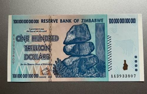 $100 Trillion Dollar Zimbabwe Bank Note. One of the largest denomination Bank Notes in the world