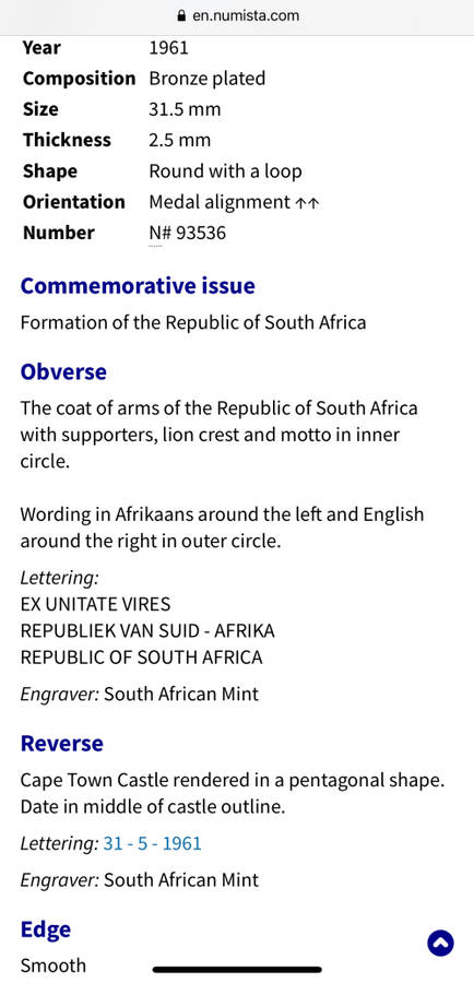 *** 31-5-1961  Bronze Medal - Formation of the Republic of South Africa.