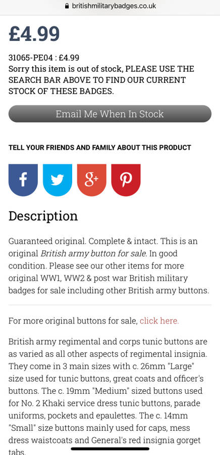 WW1 / WW2 South African Army General Service Africa Tunic Button - Big 26mm and Small 16mm