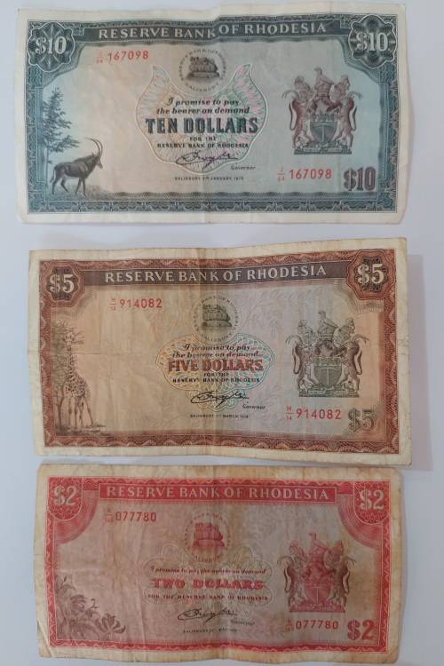 3x Rhodesian Dollar notes , 2, 5 and 10 Dollar notes