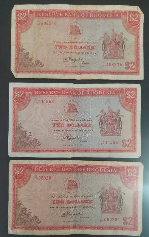 L@@K! 3 x  2 Rhodesian Dollar notes