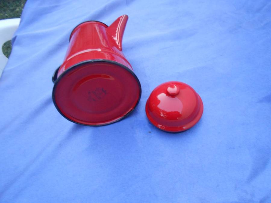 Red enamel coffee pot.  Made in Poland.