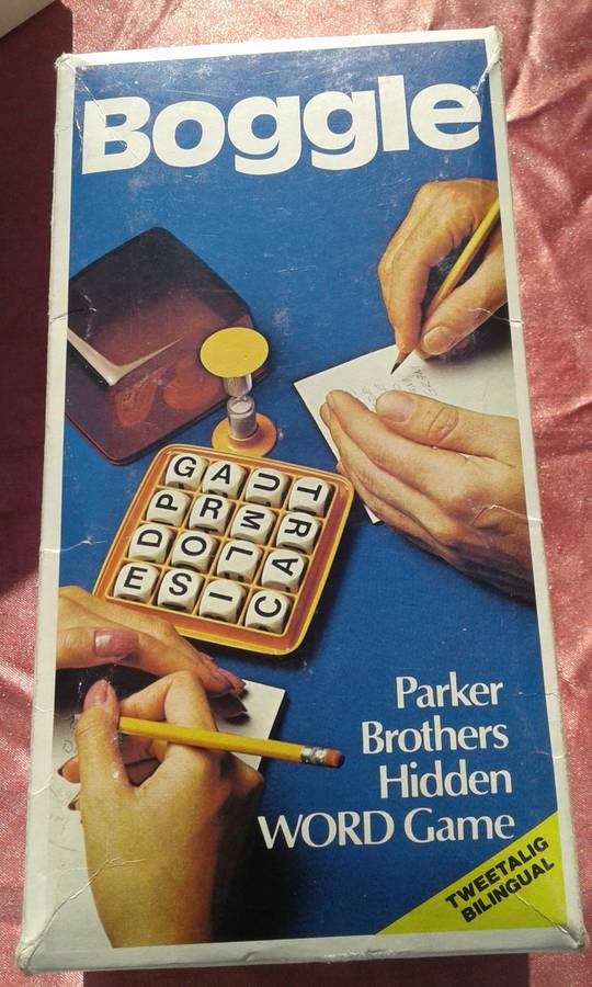 Boggle.  A hidden word game.  2 to 6 players.  Ages 8 to adult.
