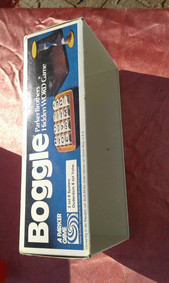 Boggle.  A hidden word game.  2 to 6 players.  Ages 8 to adult.