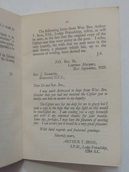 The Cipher Of The Tracing Board Of The M.M. Degree - Rev. J. Slomovitz