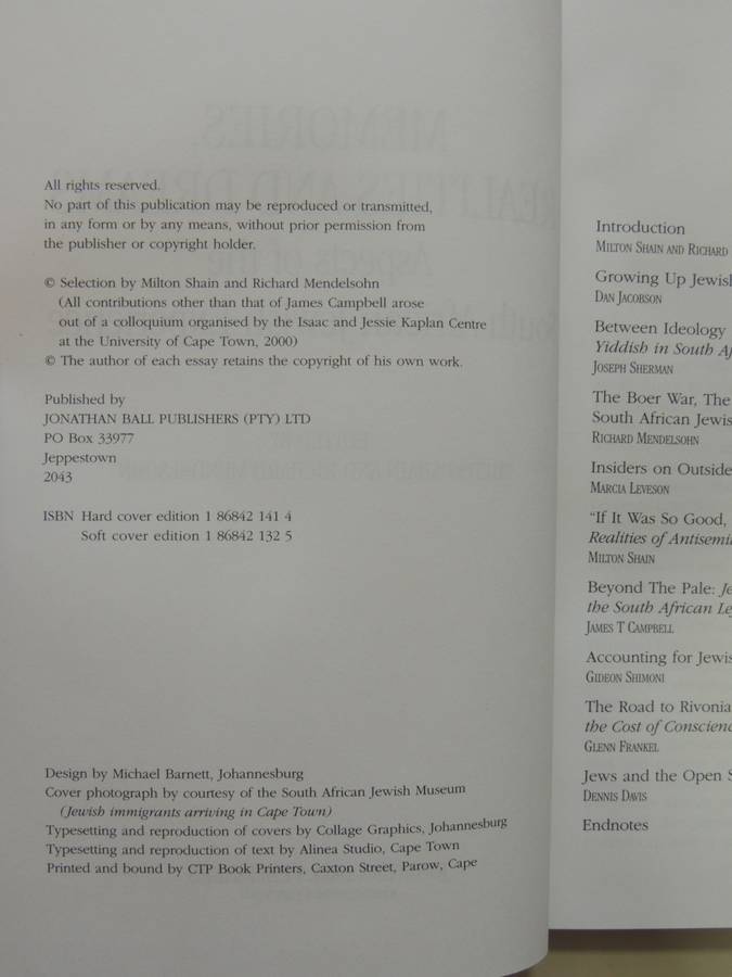 Memories, Realities & Dreams, Aspects Of The South African Jewish Experience - ed Milton Shain, R M