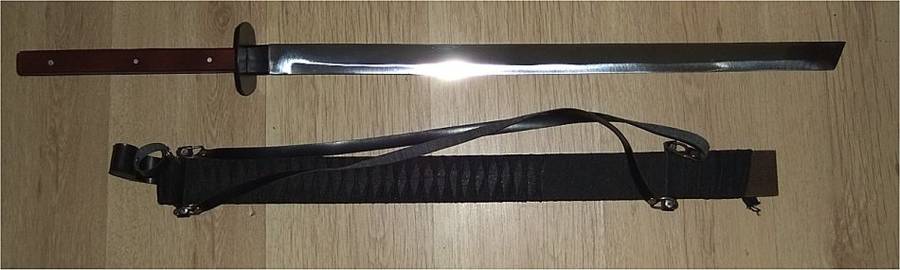 95cm Long Unsharpened Half-Tang Silver Prop Pirate Style Sword with Sheath   Information:      Stylish Pirate Style Prop Sword for Theater, Cosplay, Themed Parties, etc.     Stained Red Wooden Handle     Half-Tang Handle Secured by 3x Steel Pegs     Solid Construction (Not Suitable for Children, Not a Toy)     Handle Width: 2.8cm     Blade Width: 3.4cm     Sword Length: 95cm     Sheath Length: 70cm     Minor Wear on Blade and Sheath     Sheath Wrap Coming Undone at Base (Temporarily held in place with Brown Tape)     Ideal for Refurbishing, Repair, Cosplay, Themed Party, Decoration, Theater, Display amazing awesome deal bargain cheap wow bidorbuy auction sale sword blade katana samurai china chinese japan japanese wakizashi one single ippon nippon cool style stylish