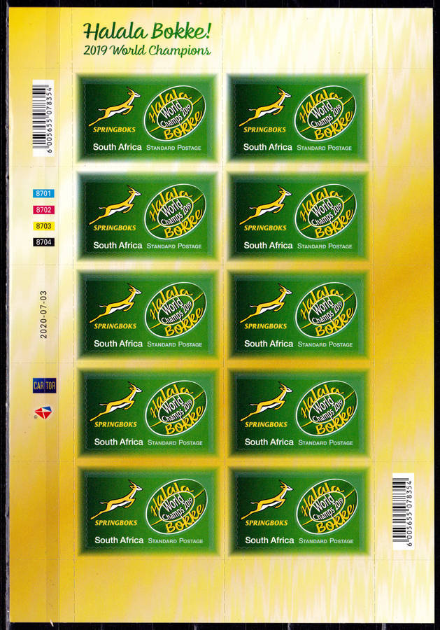 RSA 2020, 3 July. RUGBY WORLD CHAMPIONS, sheetlet, MNH, CV R 350.00 view scans