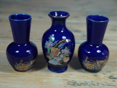 Set of three Vintage small Blue glazed Peacock Vases