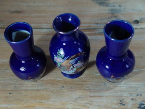 Set of three Vintage small Blue glazed Peacock Vases