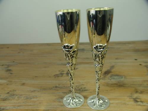 Vintage silver plated Champagne Flutes, Emess - satin rose by Godinger - mint in box