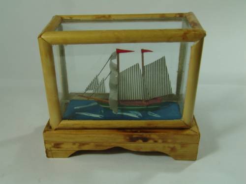Small Sail Boat in a wood and glass box, 7cm, vintage 60's