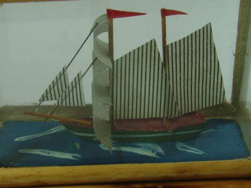 Small Sail Boat in a wood and glass box, 7cm, vintage 60's