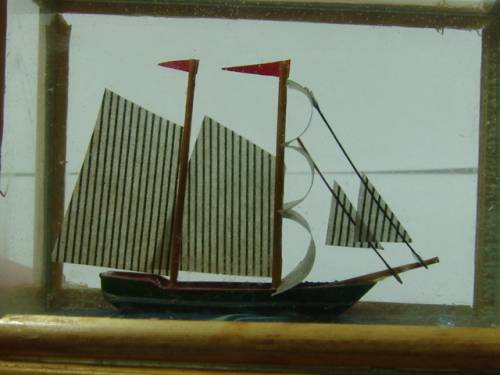 Small Sail Boat in a wood and glass box, 7cm, vintage 60's
