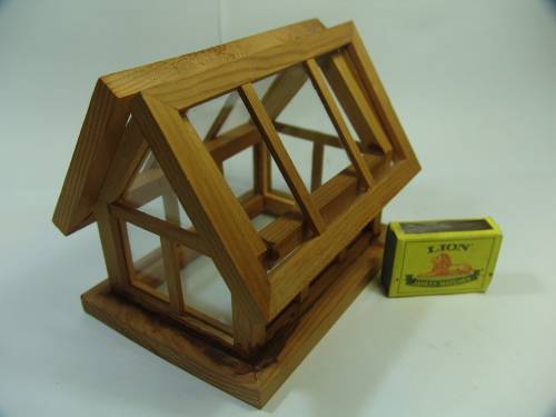 Vintage glass and wood display box in the shape of a house, 14cm x 12cm
