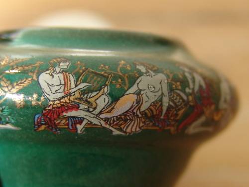 Small ceramic Poison container with Roman detail and pouch. Empty, 3cm