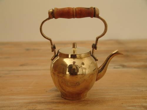 Small brass Kettle with wooden handle and lid, vintage - 13cm high