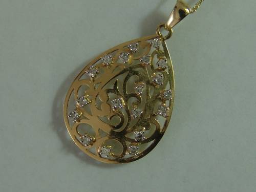10ct Yellow gold teardrop pendant with 18 natural diamonds on a 9ct yellow gold chain