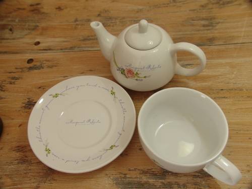 Stackable porcelain Teapot, Cup and Saucer from the Margaret Roberts collection