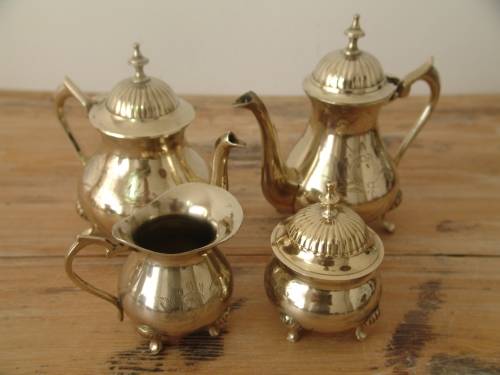 Rare solid brass complete Coffee / Tea service set with silver inside. 4 items. Excellent condition