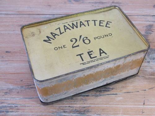 Antique Mazawattee tea tin with hinged lid, rare, 18cm x 11cm x 7cm