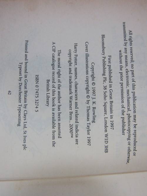 Harry Potter and The Philosophers Stone, 1st edition 1997, soft cover, 223p