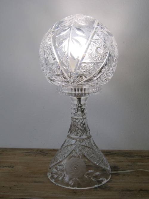 Rare vintage large heavy Cut Crystal mushroom Table Lamp, 42cm high, working - low start