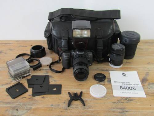 Vintage Minolta Dynax 500si Super Camera with 5400xi Flash, Macro zoom Lens,AF70-210 Lens and extras
