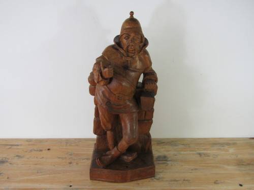 Very large vintage wooden carved Continental figurine of a Man with a lamp, 55cm x 22cm x 15cm
