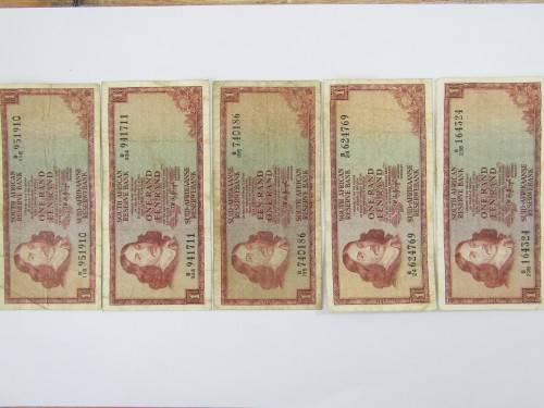 Lot of 5 old South African R1 bank notes, TW de Jongh. Many others available