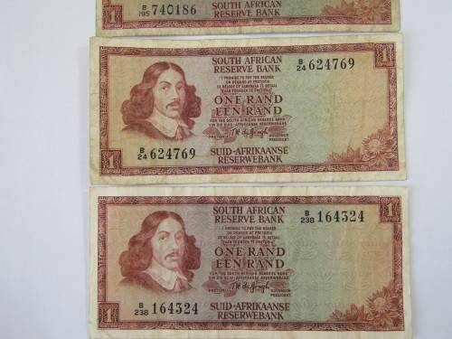 Lot of 5 old South African R1 bank notes, TW de Jongh. Many others available