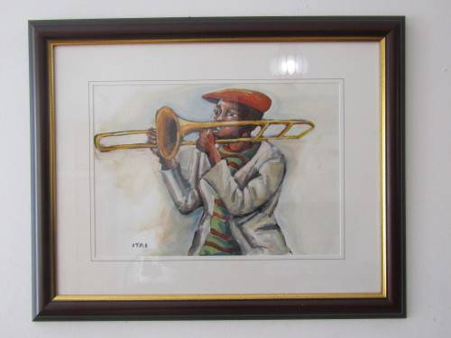 Original Vangani Itai mixed media on paper framed painting, 28cm x 41cm, excell investment (R4000)