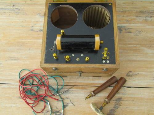 Old vintage unknown electrical / medical instrument, wooden box 16cm x 18cm x 18cm