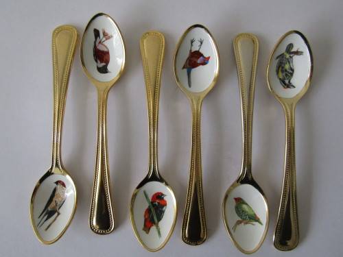Lot of 6 vintage 24ct goldplated and enamel spoons (6), others available