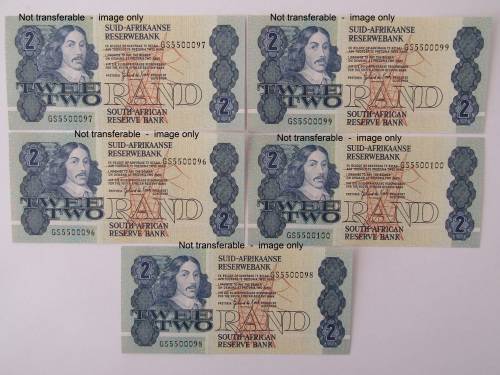 Lot of 5 South African R2 bank notes, Gerhard de Kock. With consecutive numbers, uncirculated