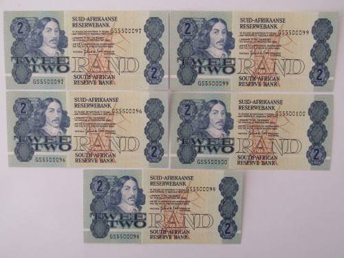 Lot of 5 South African R2 bank notes, Gerhard de Kock. With consecutive numbers, uncirculated