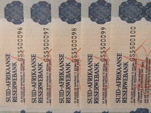 Lot of 5 South African R2 bank notes, Gerhard de Kock. With consecutive numbers, uncirculated