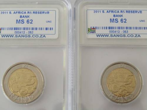 Lot of two 90 year SARB 2011 R5 MS62 graded coins with consecutive serial numbers, SANGS