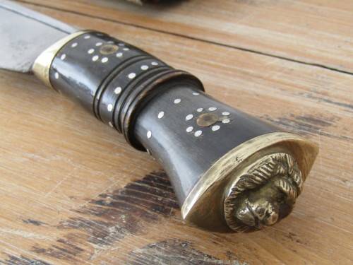 Antique Nepalese Kukri Dagger with Bone Handle, brass Lion motif, Scabbard and knife Sharpners, 40cm