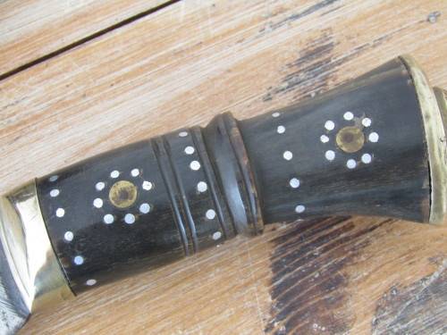 Antique Nepalese Kukri Dagger with Bone Handle, brass Lion motif, Scabbard and knife Sharpners, 40cm