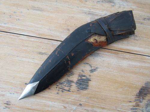 Antique Nepalese Kukri Dagger with Bone Handle, brass Lion motif, Scabbard and knife Sharpners, 40cm