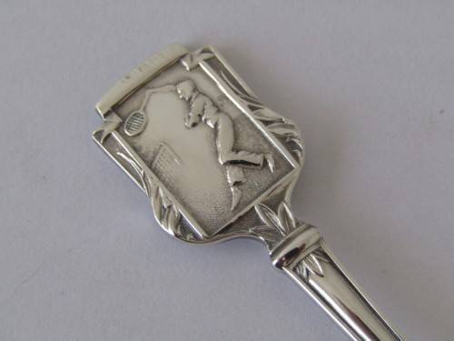 Vintage lot of two Angora silverplated sport spoons, Tennis and Bowls, England, 12cm