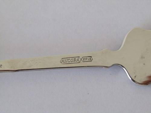 Vintage lot of two Angora silverplated sport spoons, Tennis and Bowls, England, 12cm