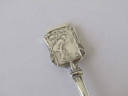 Vintage lot of two Angora silverplated sport spoons, Tennis and Bowls, England, 12cm