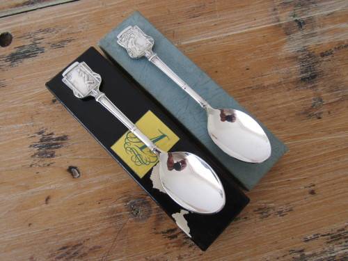 Vintage lot of two Angora silverplated sport spoons, Tennis and Bowls, England, 12cm