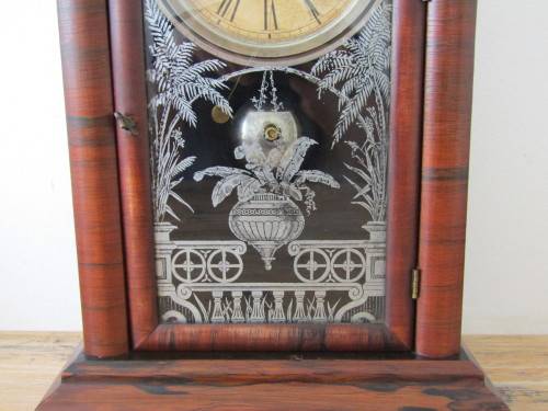 Vintage Ansonia Mahogany Gothic style mechanical Mantel Clock with original glass, Pendulum and Key